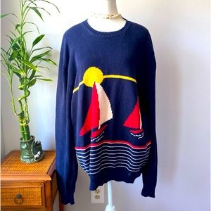 VTG, oversize sweater, size extra large sailboat, navy blue knit cotton Preppy